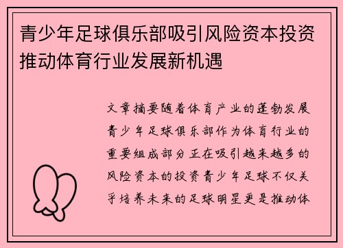 青少年足球俱乐部吸引风险资本投资推动体育行业发展新机遇